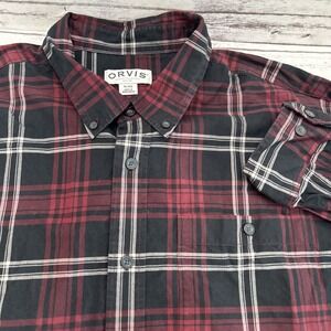 Orvis Classic Collection Shirt Men's XL Red Black Plaid Twill Hiking Camp